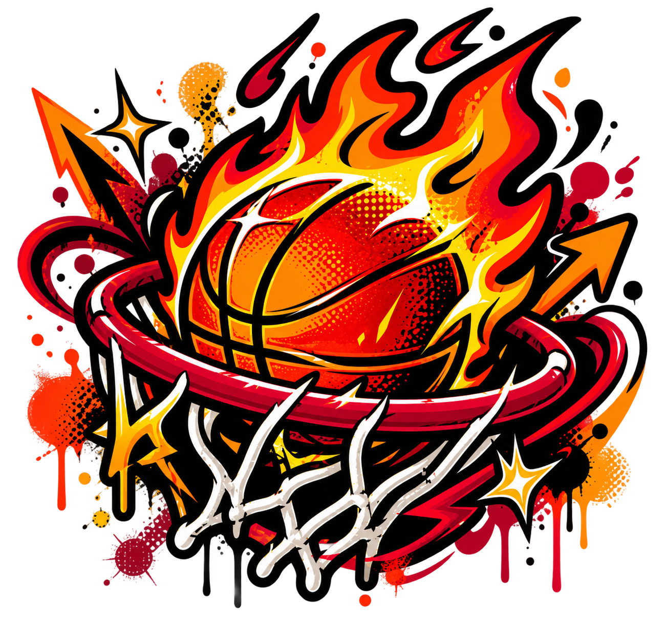 Flaming basketball and hoop graffiti artwork