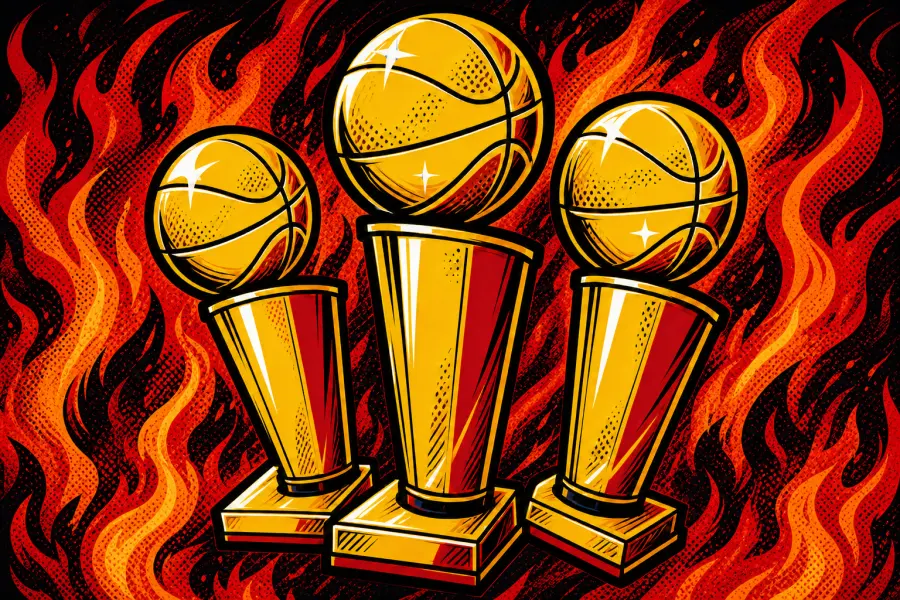 Cartoon illustration of three Miami basketball championship trophies against red, orange, and black flames